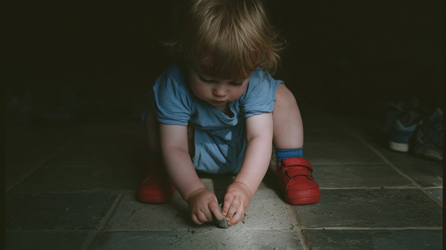 Un jeune enfant absorbé, en train d'observer et de manipuler un objet du quotidien avec une concentration totale