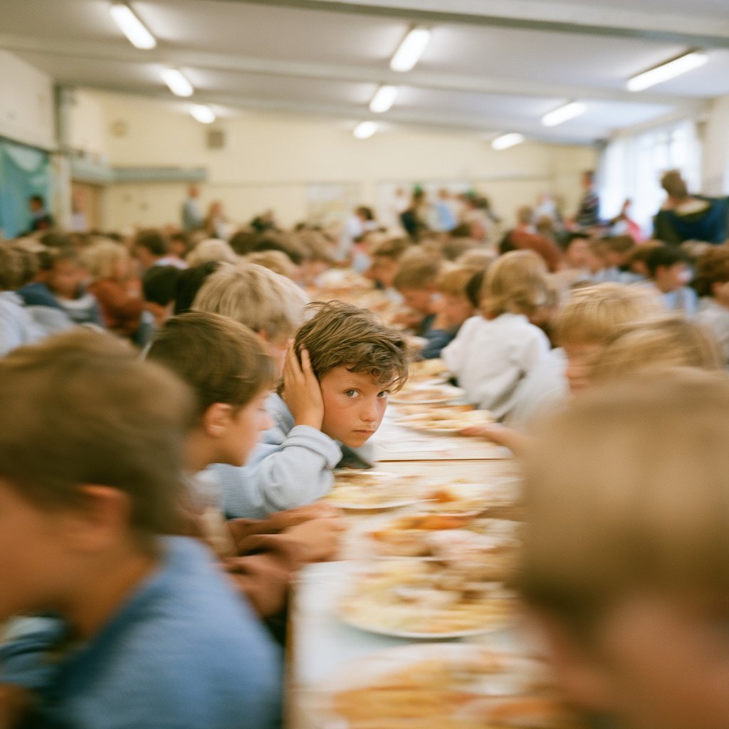 Une cantine scolaire bondee et bruyante le midi, un enfant qui se bouche une oreille