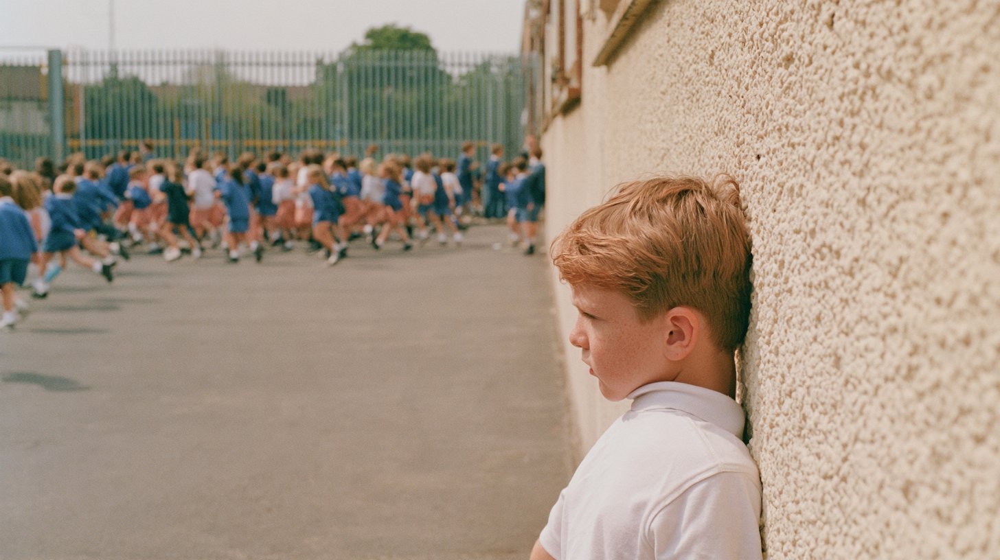 Une cour d'ecole entierement betonnee, un enfant reste a l'ecart contre le mur pendant que les autres courent