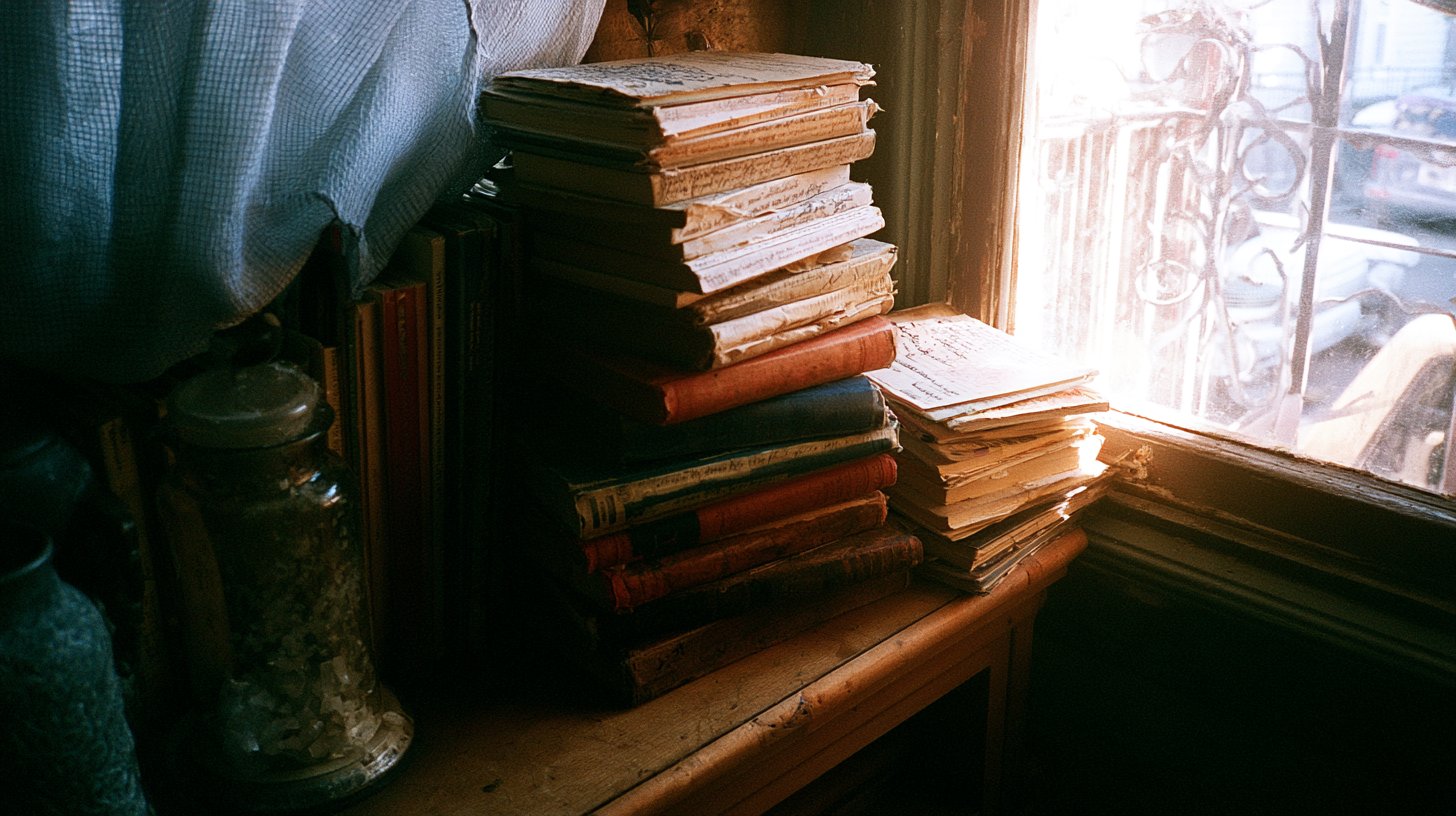Une pile de livres usés et annotés posée sur une table en bois près d'une fenêtre, ambiance chaleureuse de lecture