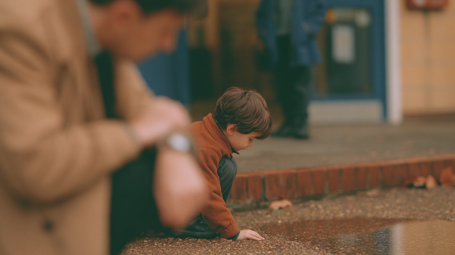 Au premier plan, un adulte pressé regarde sa montre ; au second plan, un enfant accroupi observe un détail par terre, indifférent à la précipitation