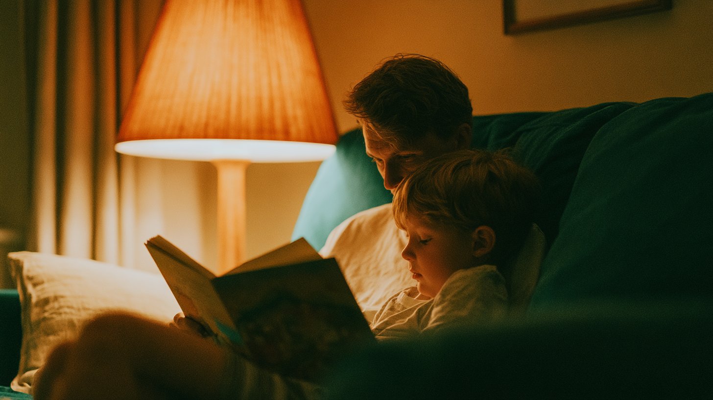 Le soir à la maison, un parent et un enfant lisent un album ensemble sous une lampe chaude, sans horloge visible