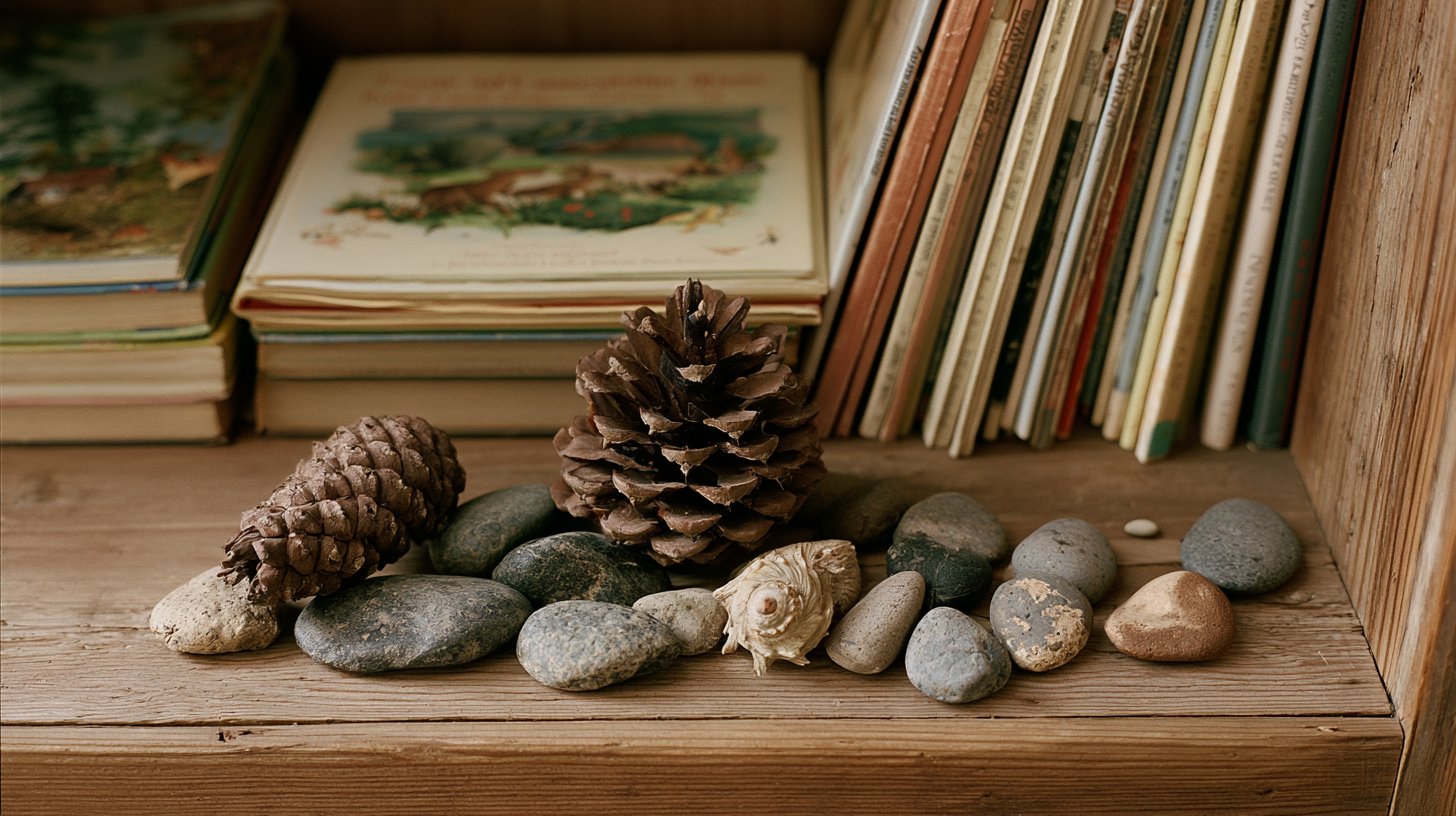 Un coin de maison simple mais soigné, avec des livres à hauteur d'enfant, quelques objets naturels et une belle lumière